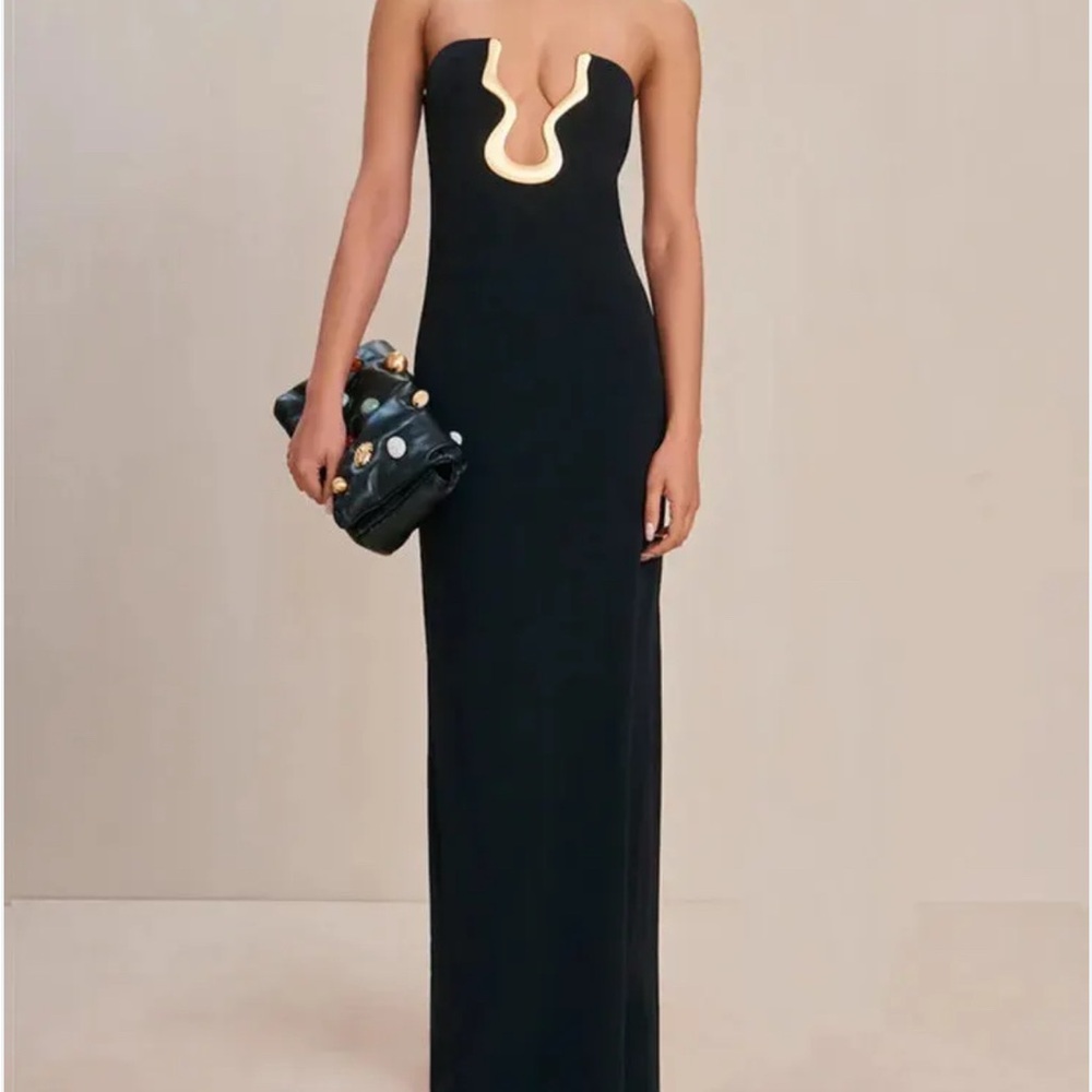 Strapless Black Evening Dress with Sculpted Gold Accent Cult Gaia Abril Gown